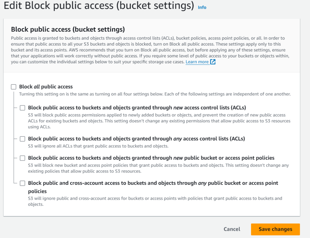 Host Static Website on S3 AWS: Step-by-Step Guide Edit block public access bucket setting