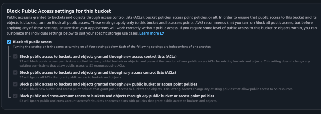 Block all public access setting for s3 bucket