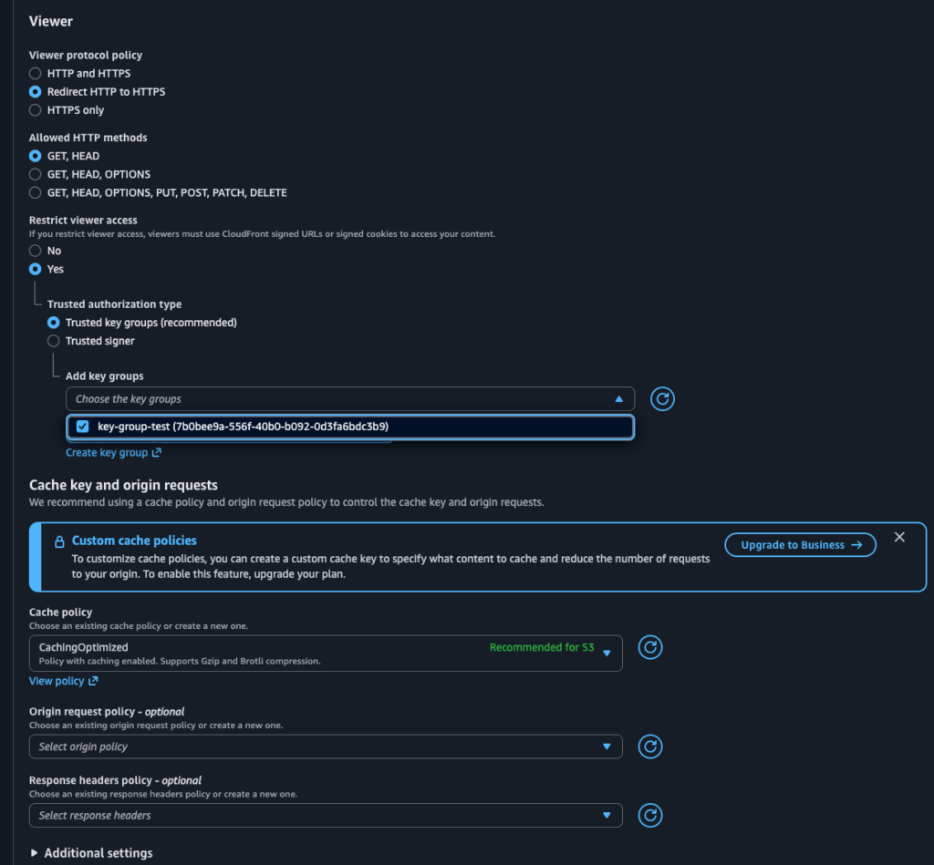CloudFront distribution behavior with key group restriction enabled